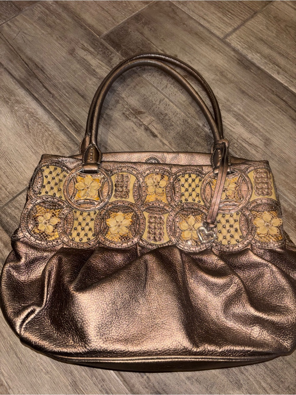Vintage Brighton Metallic Bronze Shoulder Bag with Yellow Floral Appliqué